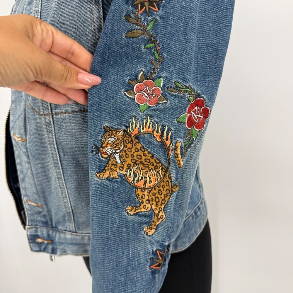 Zadig & Voltaire Zadig Kioky Embroidered Tattoo Denim Jacket Leopard Womens M - Picture 8 of 16
